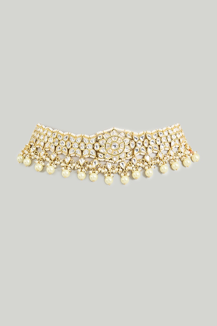 Gold Finish White Stone Choker Necklace by Zevar By Geeta at Pernia's Pop Up Shop