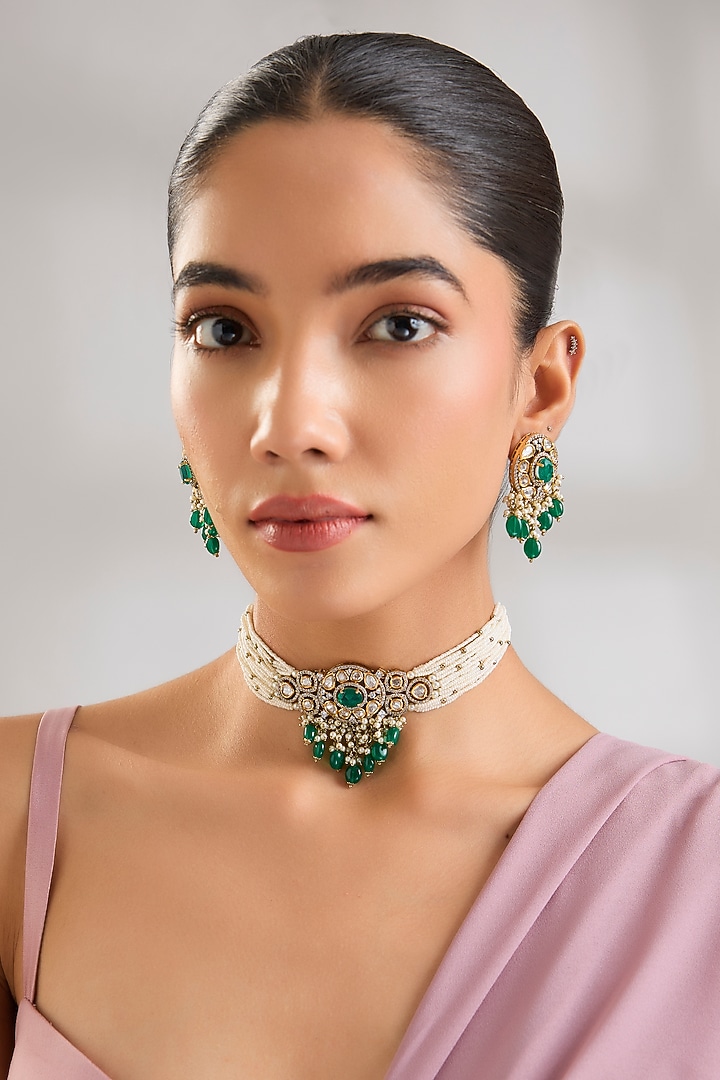 Two-Tone Finish Kundan Polki & Green Stone Choker Necklace Set by Zevar By Geeta at Pernia's Pop Up Shop