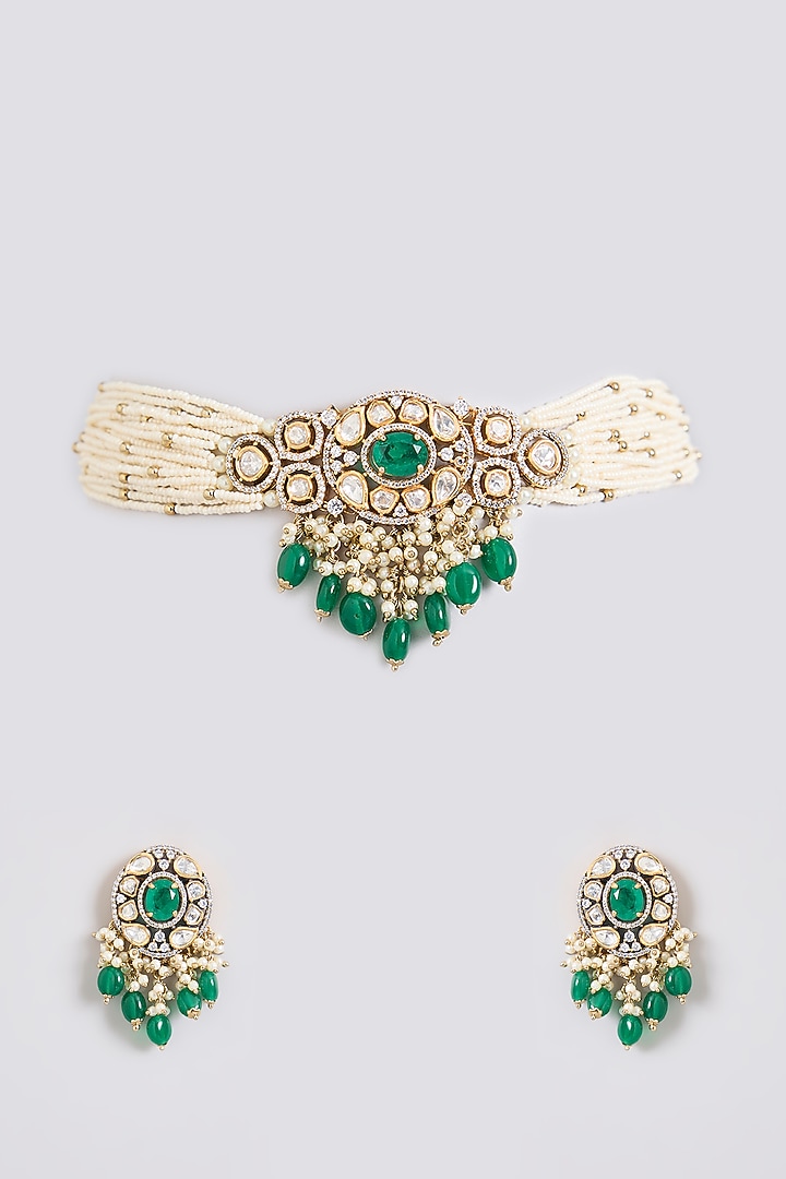 Two-Tone Finish Kundan Polki & Green Stone Choker Necklace Set by Zevar By Geeta at Pernia's Pop Up Shop