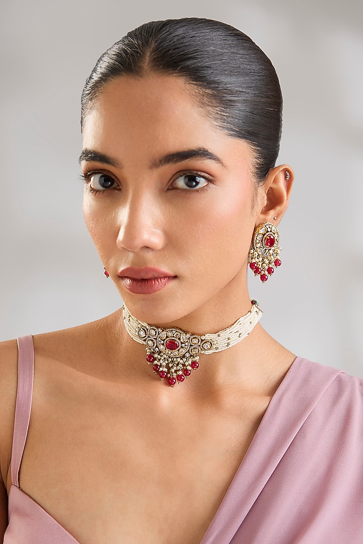 Two-Tone Finish Kundan Polki & Red Stone Choker Necklace Set by Zevar By Geeta at Pernia's Pop Up Shop