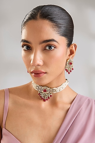 Two-Tone Finish Kundan Polki & Red Stone Choker Necklace Set by Zevar By Geeta