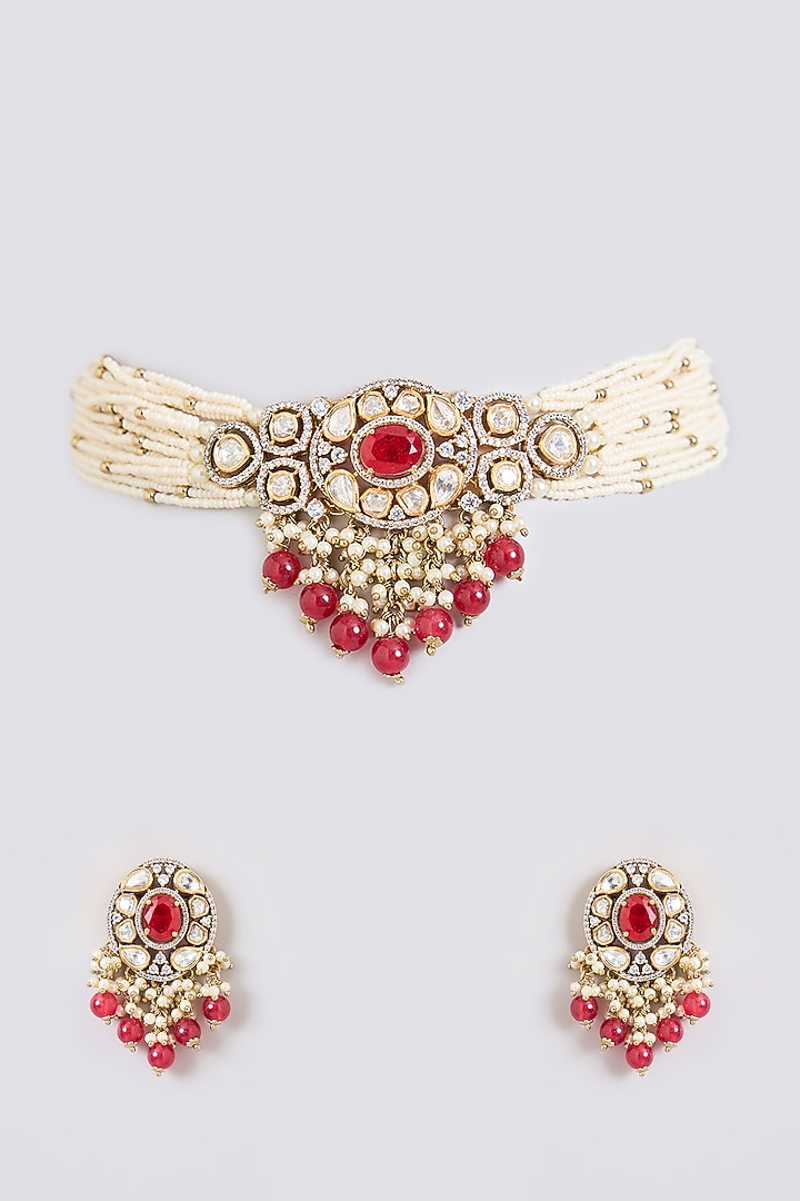 Two-Tone Finish Kundan Polki & Red Stone Choker Necklace Set by Zevar By Geeta at Pernia's Pop Up Shop