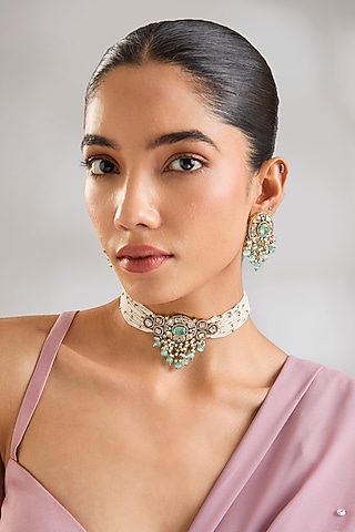 Two-Tone Finish Kundan Polki & Mint Green Stone Choker Necklace Set by Zevar By Geeta