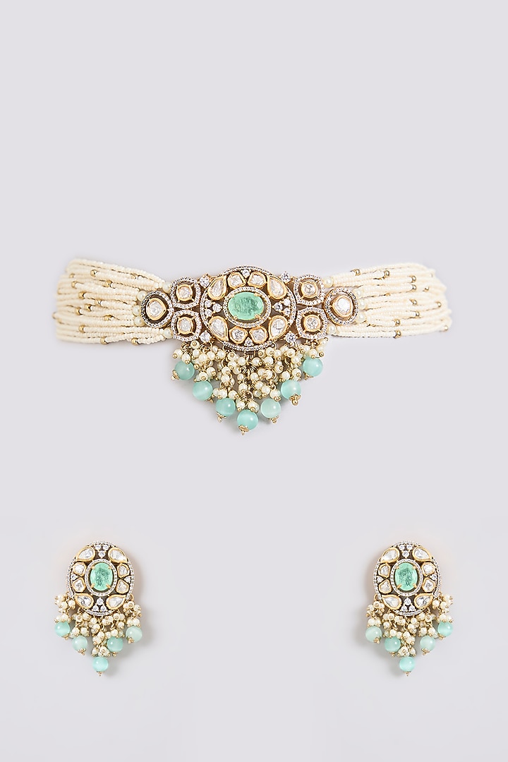 Two-Tone Finish Kundan Polki & Mint Green Stone Choker Necklace Set by Zevar By Geeta at Pernia's Pop Up Shop