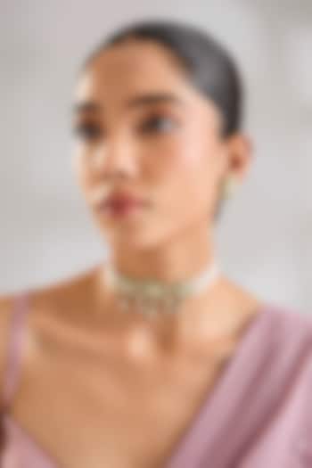 Two-Tone Finish Kundan Polki & Pearl Drop Mint Green Meenakari Choker Necklace Set by Zevar By Geeta at Pernia's Pop Up Shop
