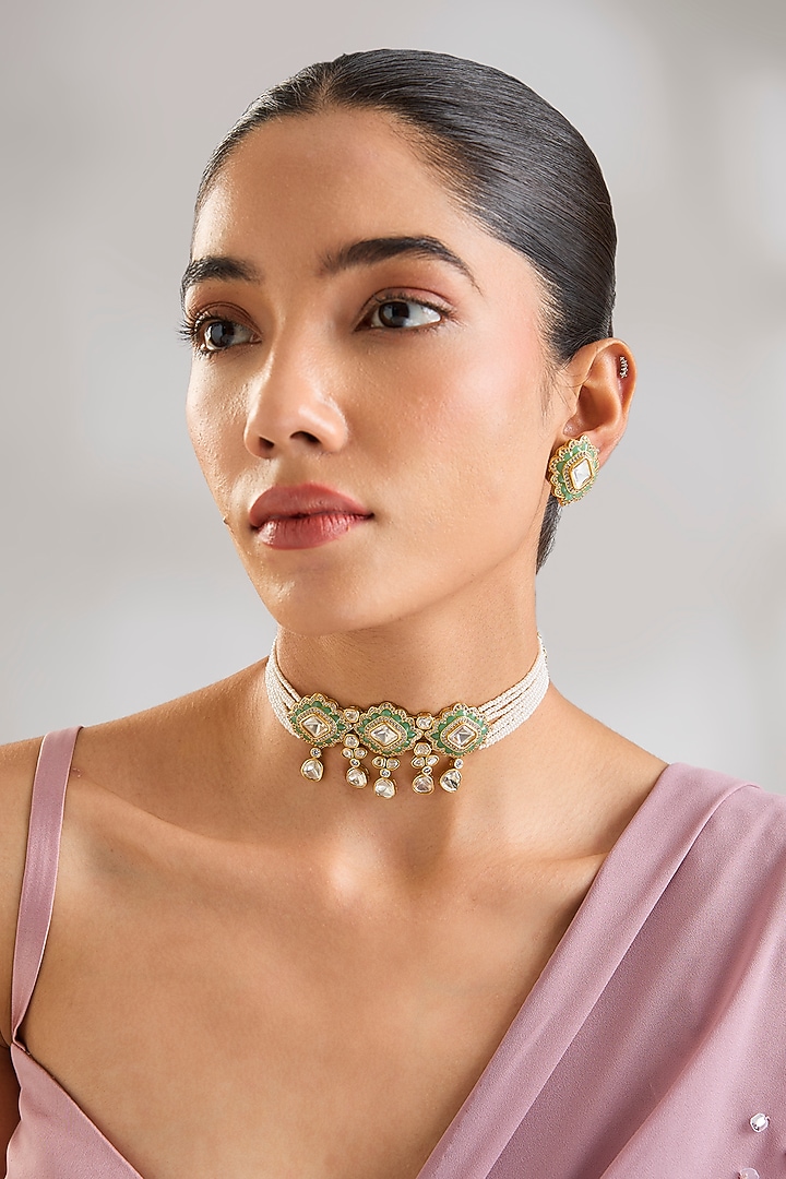 Two-Tone Finish Kundan Polki & Pearl Drop Mint Green Meenakari Choker Necklace Set by Zevar By Geeta at Pernia's Pop Up Shop