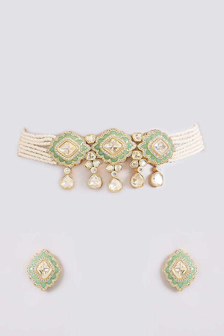 Two-Tone Finish Kundan Polki & Pearl Drop Mint Green Meenakari Choker Necklace Set by Zevar By Geeta at Pernia's Pop Up Shop