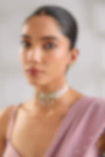 Gold Finish Kundan Polki & Pearl Drop Green Meenakari Choker Necklace Set by Zevar By Geeta at Pernia's Pop Up Shop