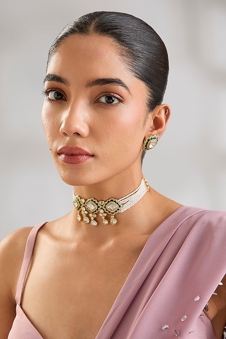 Gold Finish Kundan Polki & Pearl Drop Green Meenakari Choker Necklace Set by Zevar By Geeta at Pernia's Pop Up Shop