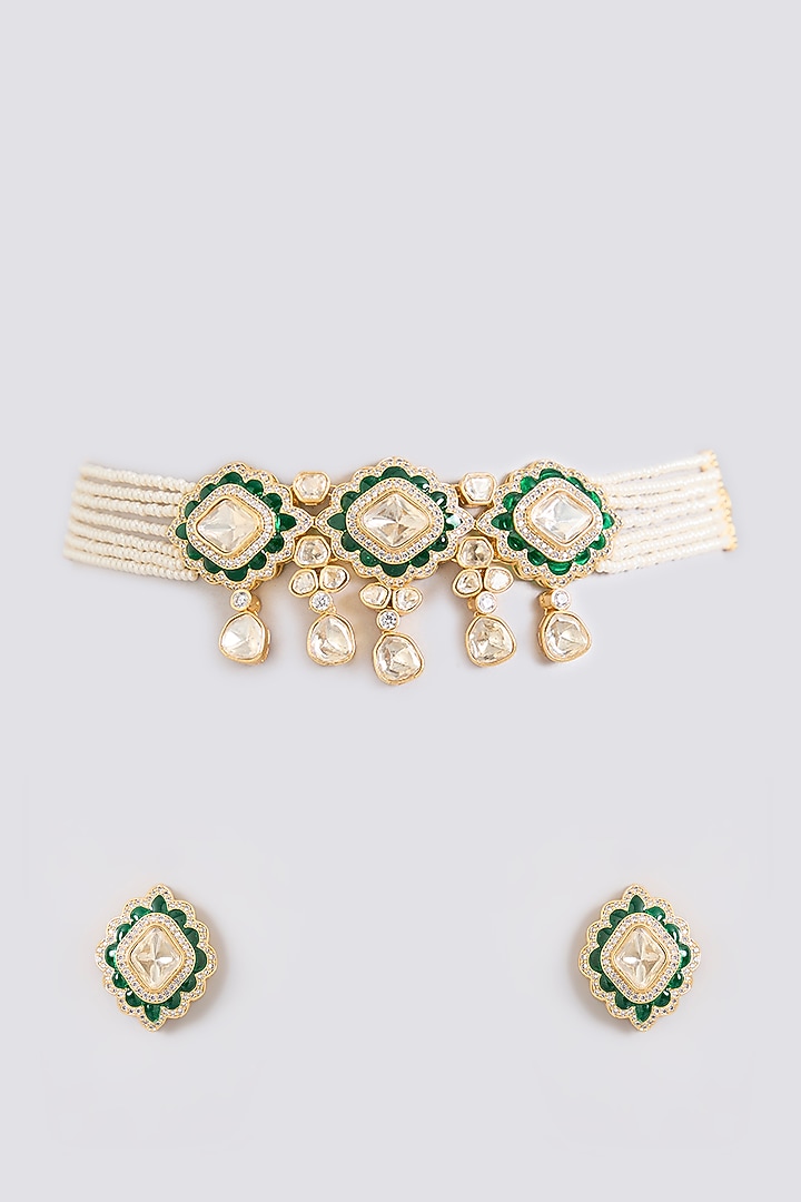 Gold Finish Kundan Polki & Pearl Drop Green Meenakari Choker Necklace Set by Zevar By Geeta at Pernia's Pop Up Shop