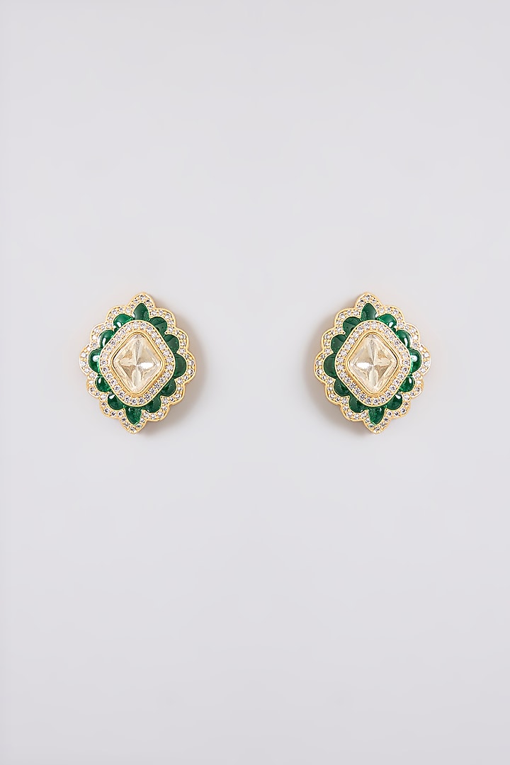 Gold Finish Kundan Polki & Pearl Drop Green Meenakari Choker Necklace Set by Zevar By Geeta at Pernia's Pop Up Shop