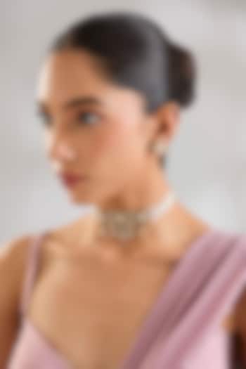 Gold Finish Kundan Polki & Pearl Drop Red Meenakari Choker Necklace Set by Zevar By Geeta at Pernia's Pop Up Shop