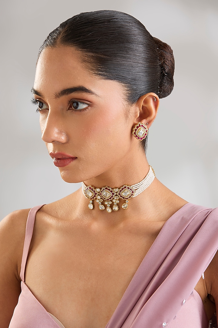 Gold Finish Kundan Polki & Pearl Drop Red Meenakari Choker Necklace Set by Zevar By Geeta at Pernia's Pop Up Shop