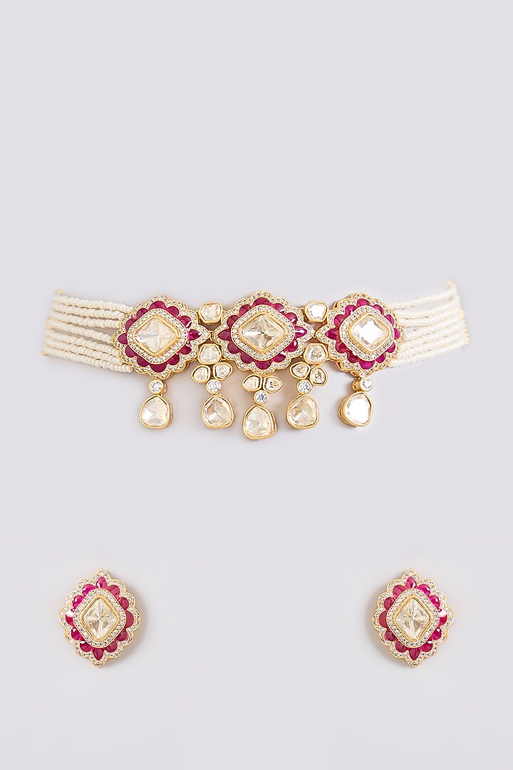 Gold Finish Kundan Polki & Pearl Drop Red Meenakari Choker Necklace Set by Zevar By Geeta at Pernia's Pop Up Shop