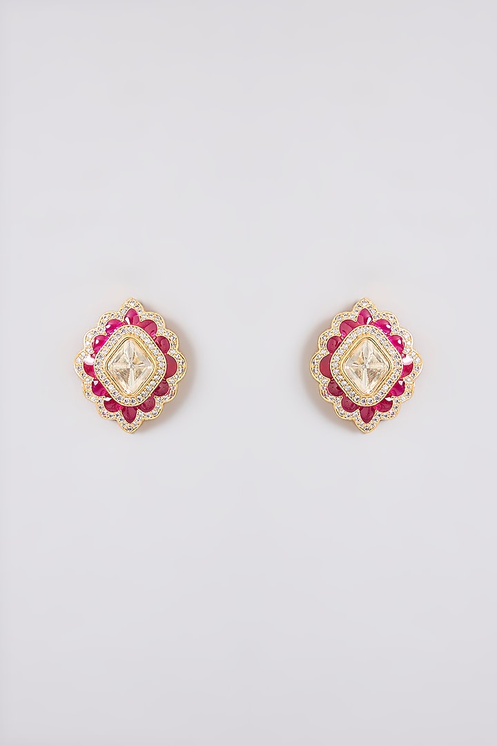 Gold Finish Kundan Polki & Pearl Drop Red Meenakari Choker Necklace Set by Zevar By Geeta at Pernia's Pop Up Shop