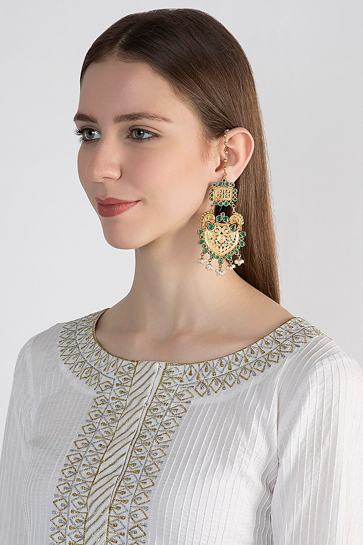 22 Kt Gold Plated Emerald & Pearl Earrings by Zevar by Geeta