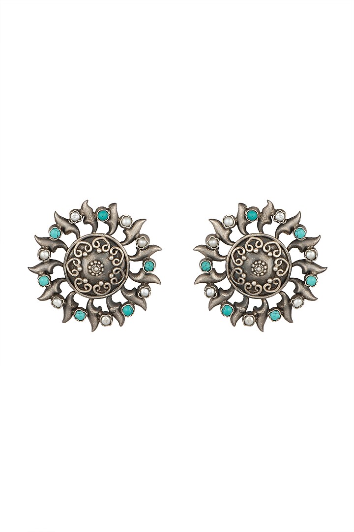 Silver Finish Turquoise Stone & Pearl Stud Earrings In Sterling Silver by Zevar by Geeta at Pernia's Pop Up Shop