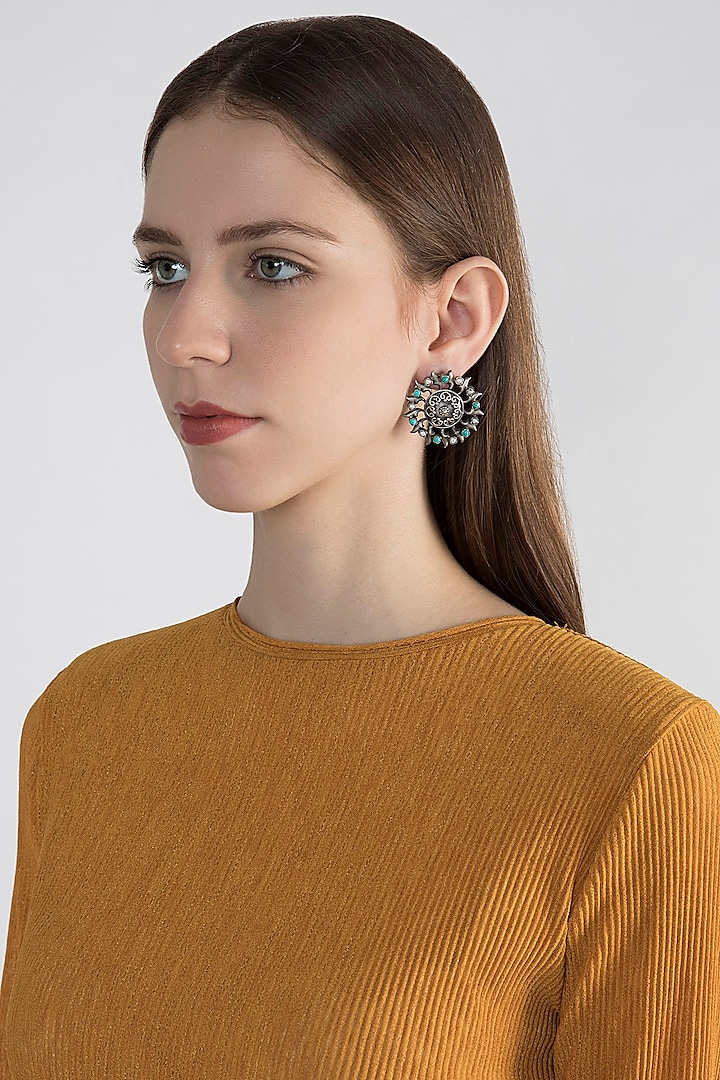 Silver Plated Turquoise Stone Stud Earrings by Zevar by Geeta