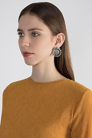 Silver Finish Turquoise Stone & Pearl Stud Earrings In Sterling Silver by Zevar by Geeta