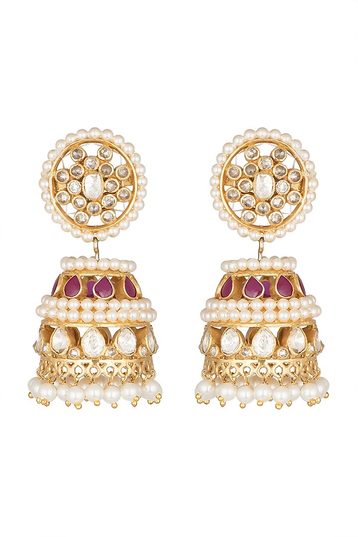 Gold Plated Moissanite Ruby & Pearl Jhumka Earrings In Sterling Silver by Zevar by Geeta at Pernia's Pop Up Shop