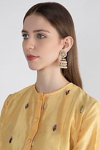 Gold Plated Moissanite Ruby & Pearl Jhumka Earrings In Sterling Silver by Zevar by Geeta