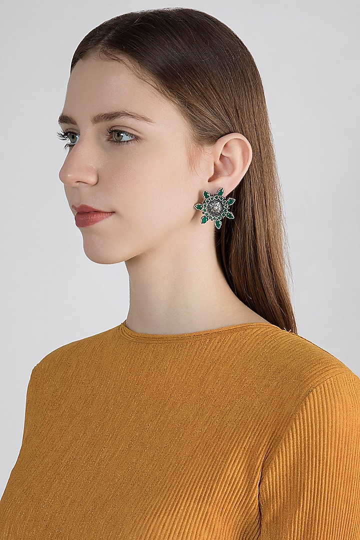 Silver Plated Emerald Stud Earrings by Zevar by Geeta