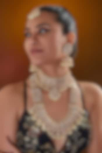 Gold Finish Kundan Polki & Pearl Drop Long Necklace Set by Zevar by Geeta at Pernia's Pop Up Shop