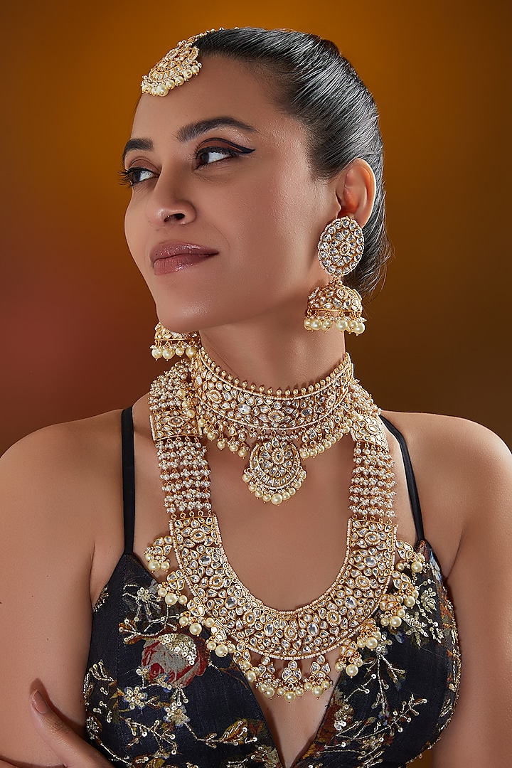 Gold Finish Kundan Polki & Pearl Drop Long Necklace Set by Zevar by Geeta at Pernia's Pop Up Shop