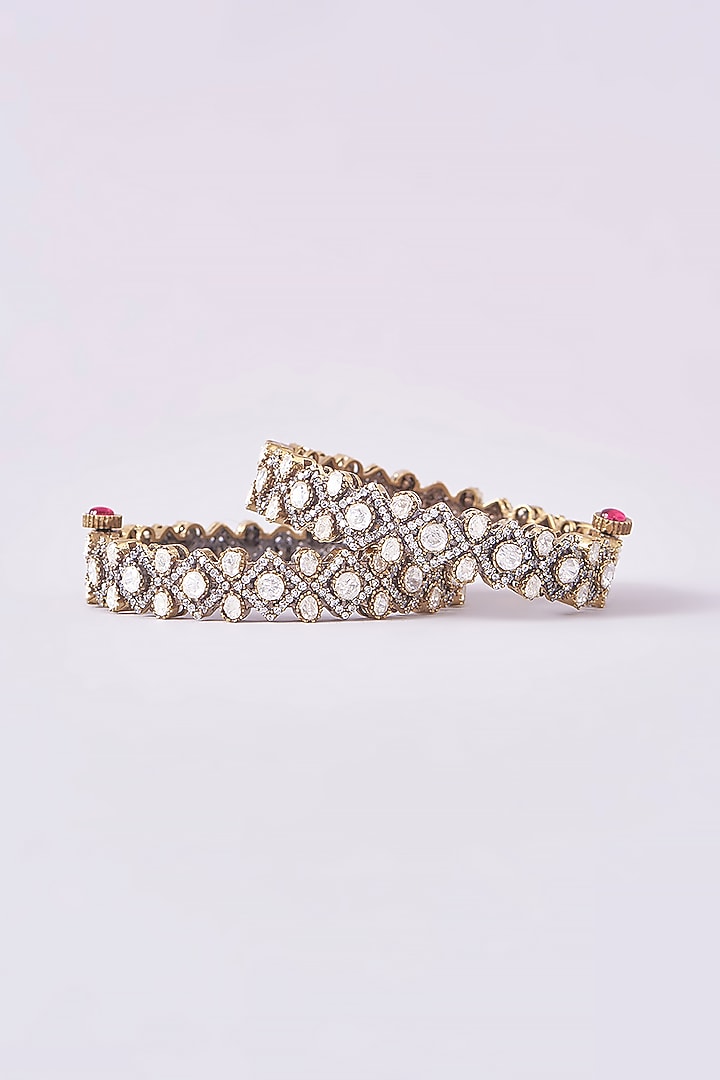 Black Rhodium Finish Kundan Polki Kadas (Set Of 2) by Zevar by Geeta at Pernia's Pop Up Shop