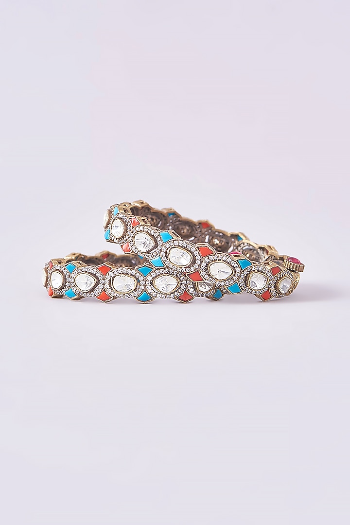Black Rhodium Finish Multi-Colored Stone & Kundan Polki Kadas (Set Of 2) by Zevar by Geeta at Pernia's Pop Up Shop