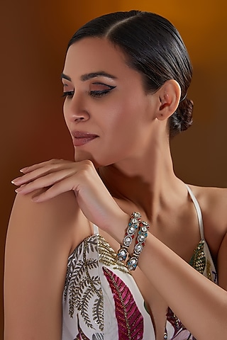 Black Rhodium Finish Multi-Colored Stone & Kundan Polki Kadas (Set Of 2) by Zevar by Geeta