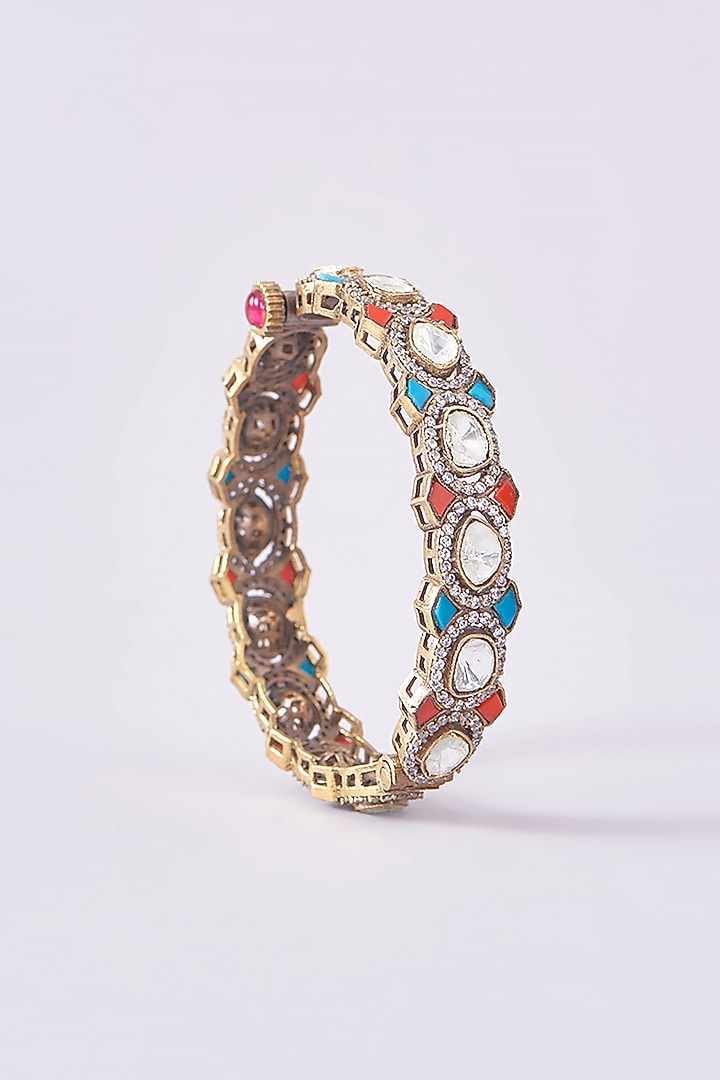 Black Rhodium Finish Multi-Colored Stone & Kundan Polki Kadas (Set Of 2) by Zevar by Geeta at Pernia's Pop Up Shop