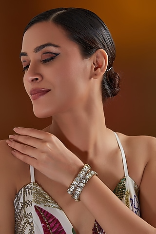Black Rhodium Finish Kundan Polki Kadas (Set Of 2) by Zevar by Geeta