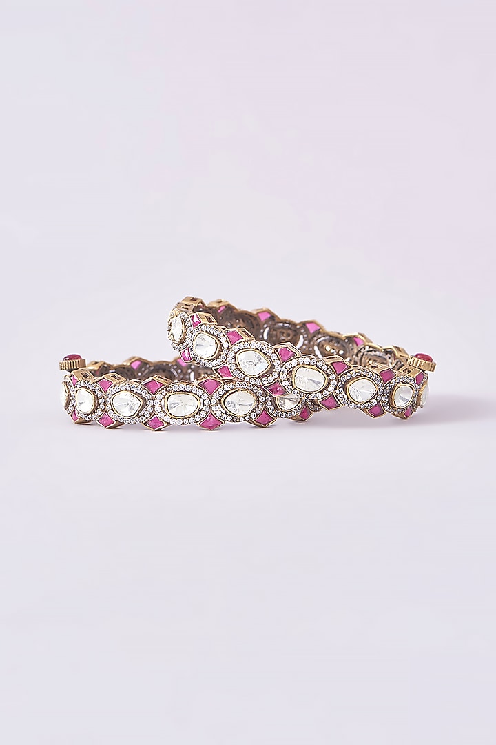 Black Rhodium Finish Kundan Polki & Ruby Kadas (Set Of 2) by Zevar by Geeta at Pernia's Pop Up Shop