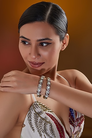 Black Rhodium Finish Kundan Polki & Ruby Kadas (Set Of 2) by Zevar by Geeta