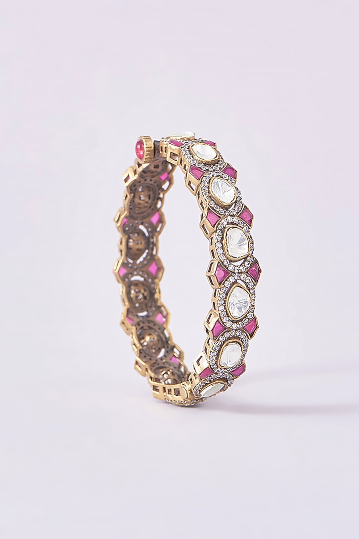 Black Rhodium Finish Kundan Polki & Ruby Kadas (Set Of 2) by Zevar by Geeta at Pernia's Pop Up Shop