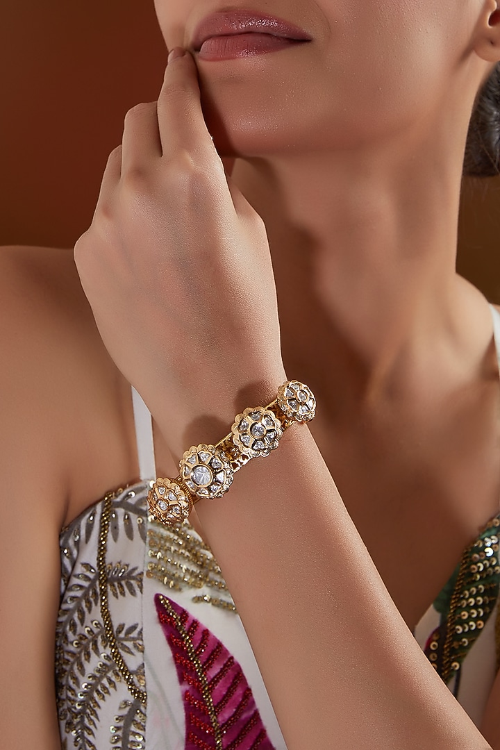 Gold Finish Kundan Polki Pacheli Kada by Zevar by Geeta at Pernia's Pop Up Shop