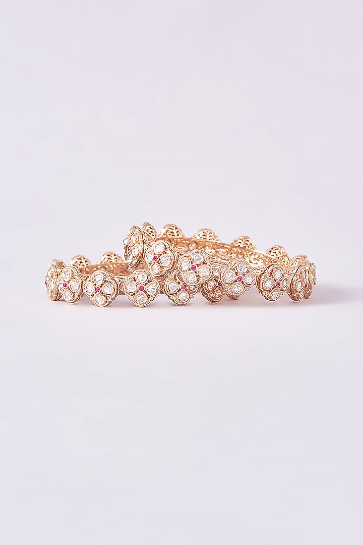 Gold Finish Kundan Polki Floral Kadas (Set Of 2) by Zevar by Geeta at Pernia's Pop Up Shop
