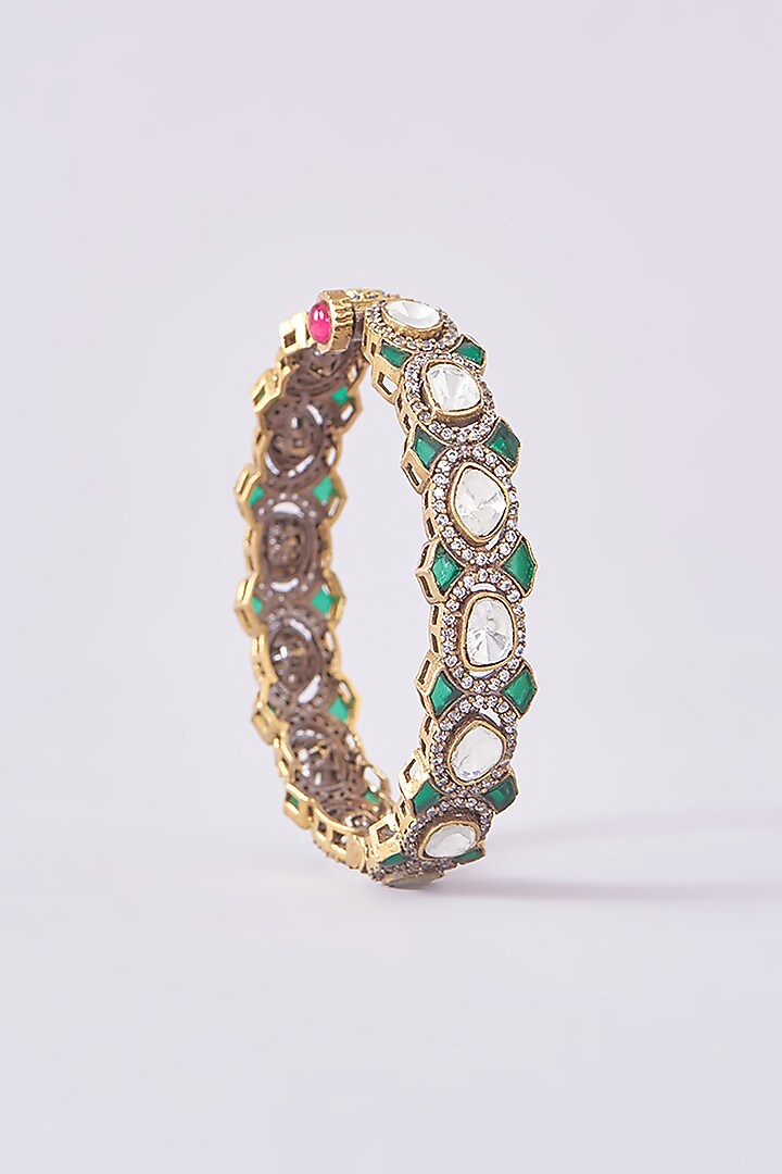 Black Rhodium Finish Kundan Polki & Green Stone Kadas (Set of 2) by Zevar By Geeta at Pernia's Pop Up Shop