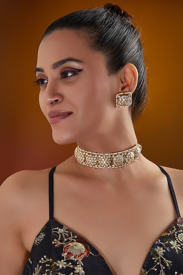 Gold Plated Kundan Polki Choker Necklace Set by Zevar By Geeta at Pernia's Pop Up Shop