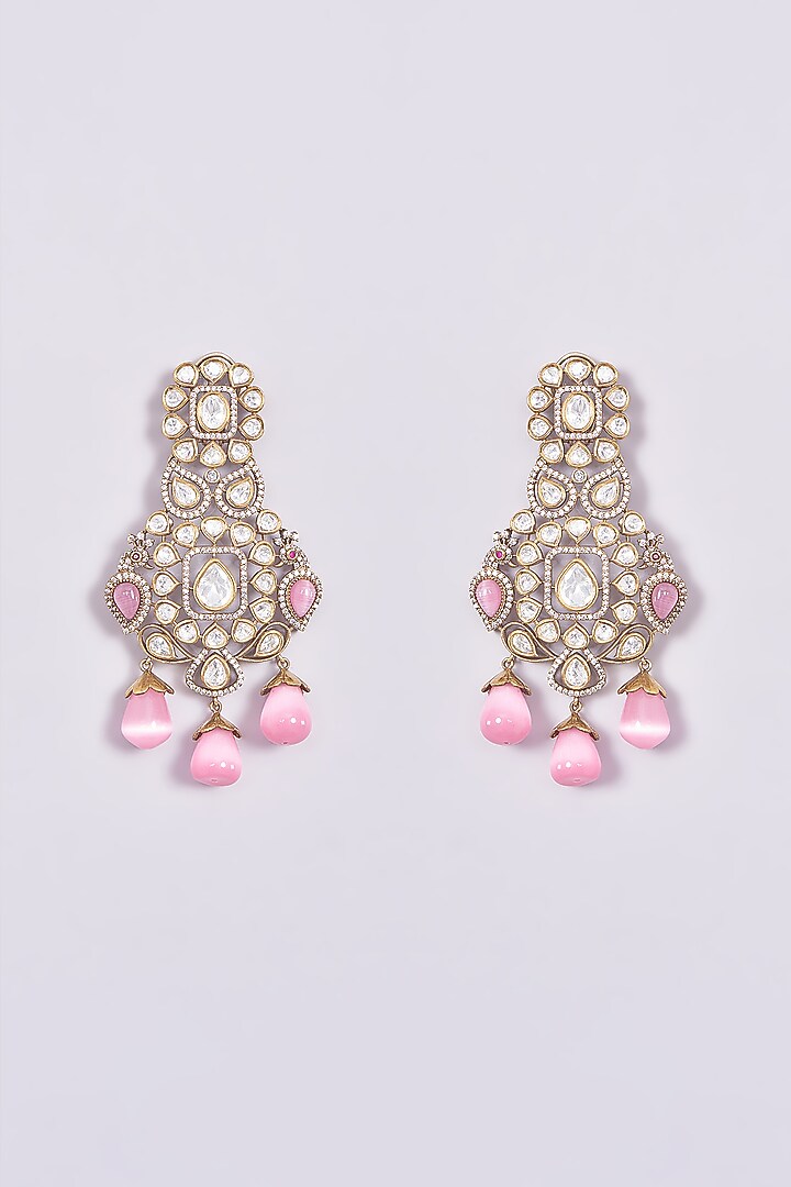Black Rhodium Finish Kundan Polki & Pink Pearl Drop Dangler Earrings by Zevar By Geeta at Pernia's Pop Up Shop