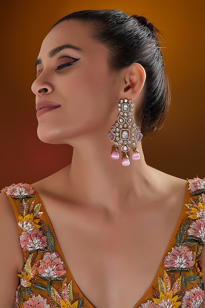 Black Rhodium Finish Kundan Polki & Pink Pearl Drop Dangler Earrings by Zevar By Geeta at Pernia's Pop Up Shop