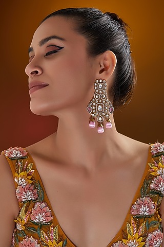 Black Rhodium Finish Kundan Polki & Pink Pearl Drop Dangler Earrings by Zevar By Geeta