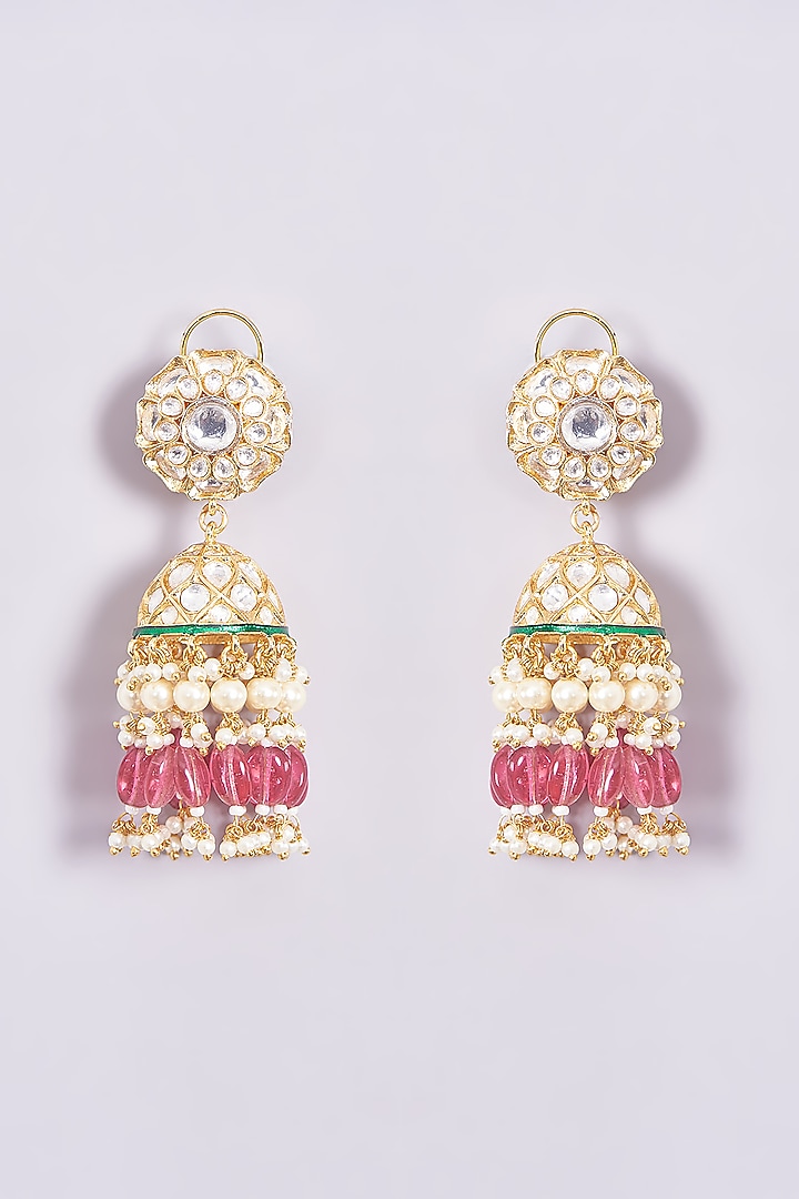 Gold Finish Kundan Polki & Pink Pearl Jhumka Earrings by Zevar By Geeta at Pernia's Pop Up Shop