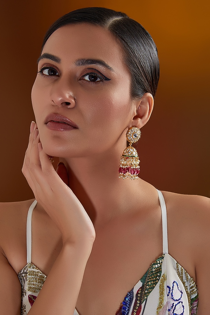 Gold Finish Kundan Polki & Pink Pearl Jhumka Earrings by Zevar By Geeta at Pernia's Pop Up Shop