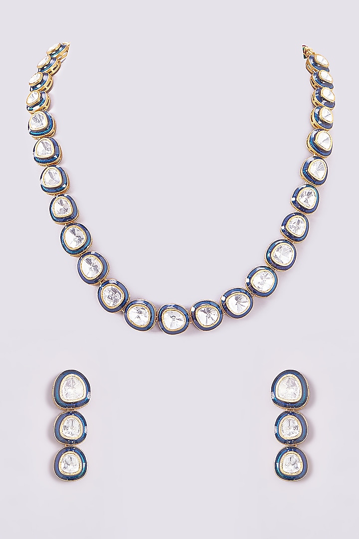 Black Rhodium Finish Kundan Polki Necklace Set by Zevar By Geeta at Pernia's Pop Up Shop