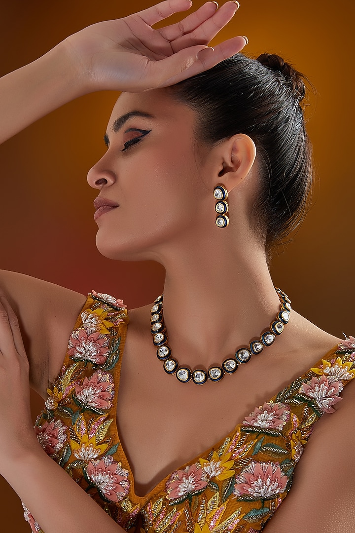 Black Rhodium Finish Kundan Polki Necklace Set by Zevar By Geeta at Pernia's Pop Up Shop