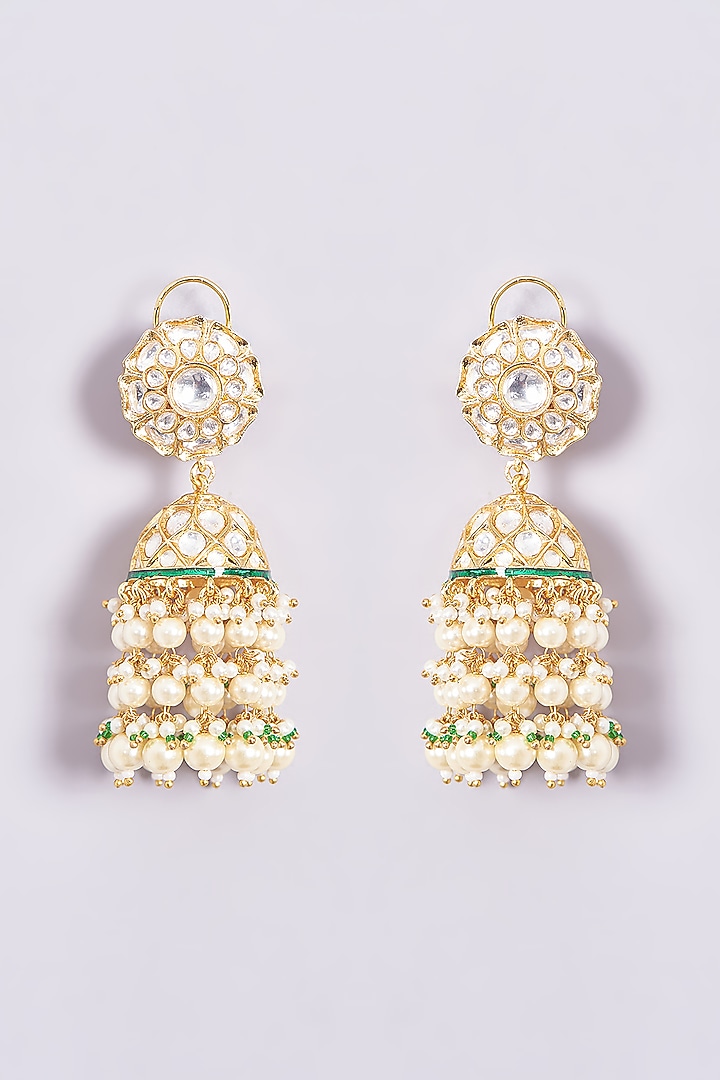 Gold Plated Kundan Polki & Pearl Drop Meenakari Jhumka Earrings by Zevar By Geeta at Pernia's Pop Up Shop