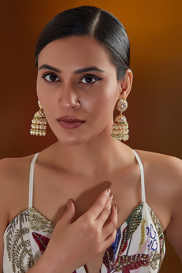 Gold Plated Kundan Polki & Pearl Drop Meenakari Jhumka Earrings by Zevar By Geeta at Pernia's Pop Up Shop