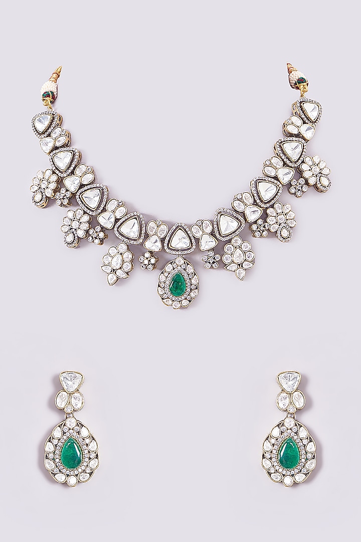 Gold Finish Green Stone & Kundan Polki Floral Necklace Set by Zevar By Geeta at Pernia's Pop Up Shop
